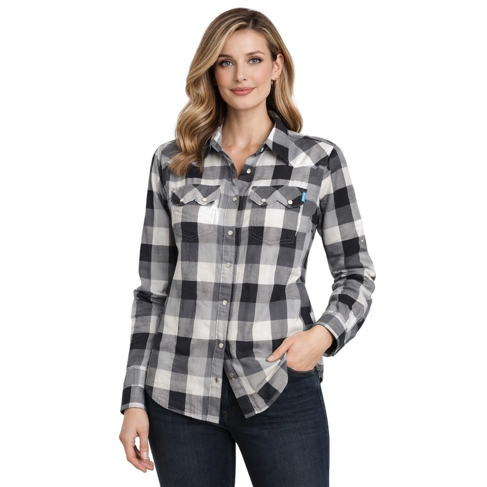 Columbia Omni-Wick Womens XS Grey Black Plaid Western Snap Long Sleeve Shirt